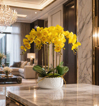 Laden Sie das Bild in den Galerie-Viewer, VICKY YAO Faux Floral - Exclusive Design Positive Yellow Artificial Natural Touch Orchid Arrangement in White Pot