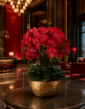 Load image into Gallery viewer, VICKY YAO - Large Luxury Natural Touch Red Orchid Arrangement in Handcrafted Shell Mosaic Planter Hotel Lobby Floral Installation H30.7in