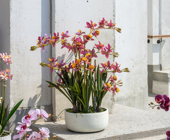 VICKY YAO - Artificial Cymbidium Orchid Arrangement Realistic Pink & Orange Faux Flowers in White Pot Modern Home Decor Centerpiece