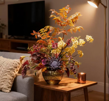 Load image into Gallery viewer, VICKY YAO Design - Luxury Autumn Floral Arrangement | Artificial Fall Flowers in Gold Vase | Warm Wabi-Sabi Aesthetic Home Decor