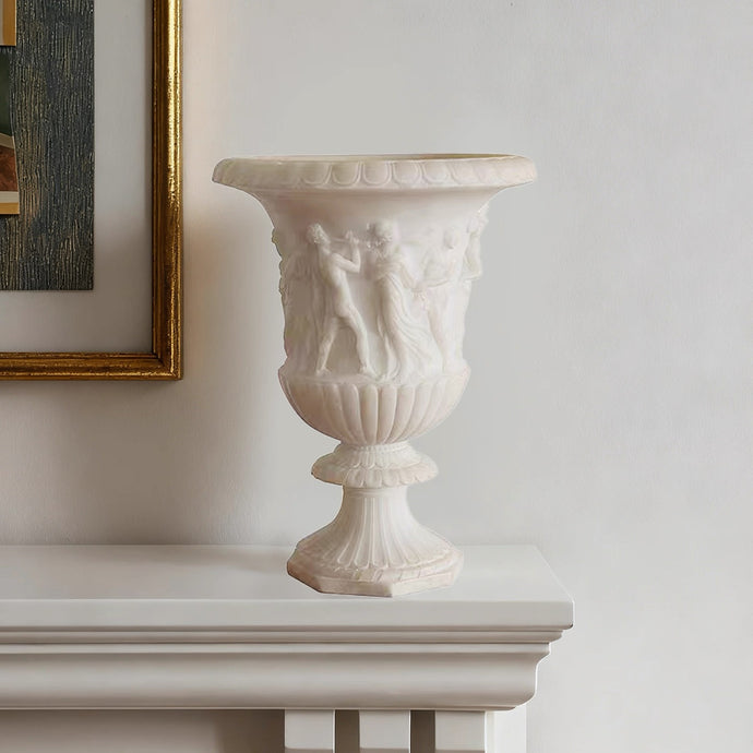VICKY YAO - Vintage Roman Style Alabaster Look Vase 47cm Classical Stone Sculpture Planter | Antique Greek Relief Urn for Floral Arrangement
