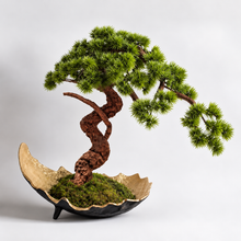 Laden Sie das Bild in den Galerie-Viewer, VICKY YAO-Artificial Bonsai Tree Handcrafted Realistic Bonsai Art with Genuine Tree Trunk, Preserved Moss &amp; Hand-Gilded Planter  L55xW25xH50