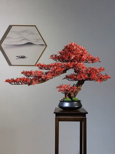 VICKY YAO Design Aesthetic - Exclusive Design Handmade Artificial Red Maple Leaf Faux Bonsai Art in Pot