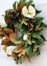 Load image into Gallery viewer, VICKY YAO -  30” Magnolia Wreath for Front Door Large Artificial Greenery Wreath with White Magnolia Flowers, Year Round Farmhouse Decor