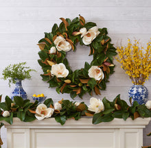 Load image into Gallery viewer, VICKY YAO -  30” Magnolia Wreath for Front Door Large Artificial Greenery Wreath with White Magnolia Flowers, Year Round Farmhouse Decor