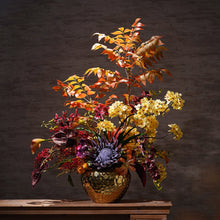 Load image into Gallery viewer, VICKY YAO Design - Luxury Autumn Floral Arrangement | Artificial Fall Flowers in Gold Vase | Warm Wabi-Sabi Aesthetic Home Decor