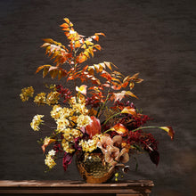 Load image into Gallery viewer, VICKY YAO Design - Luxury Autumn Floral Arrangement | Artificial Fall Flowers in Gold Vase | Warm Wabi-Sabi Aesthetic Home Decor