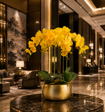 將圖片載入圖庫檢視器 VICKY YAO - Real Touch Yellow Phalaenopsis Orchid Arrangement in Brushed Gold Planter | Luxury Faux Orchid Centerpiece | Elegant Home Decor