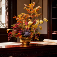 Load image into Gallery viewer, VICKY YAO Design - Luxury Autumn Floral Arrangement | Artificial Fall Flowers in Gold Vase | Warm Wabi-Sabi Aesthetic Home Decor