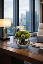 Laden Sie das Bild in den Galerie-Viewer, VICKY YAO Design Aesthetic - Artificial Green Moss Ball Floral Arrangement with Orchid, Modern Faux Flower Decor in Glass Vase L18 x H26cm
