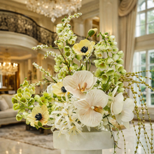 Load image into Gallery viewer, VICKY YAO Design Aesthetic-Luxury Artificial Orchid Arrangement in Marble Vase – French Elegance Floral Centerpiece L30xH50cm