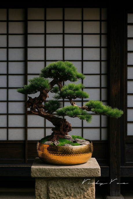 VICKY YAO Design - Limited Edition Bonsai Art Sculpture Handcrafted Realistic Pine Tree in Gold Planter  Zen Japanese Home Decor 68x38x62cm