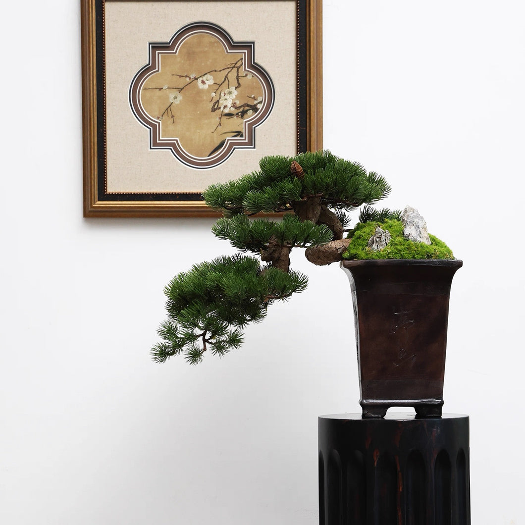 VICKY YAO - Luxury Realistic Artificial Bonsai Pine Tree with Moss & Rock | Faux Plant in Planter | Japanese Zen Home Decoration 48x31x42cmH