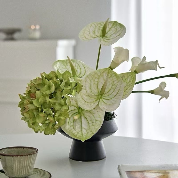 VICKY YAO Faux Floral – Natural Touch Modern Artificial Arrangement with Anthurium, Calla Lily & Hydrangea | Elegant Green Decor for Home & Office