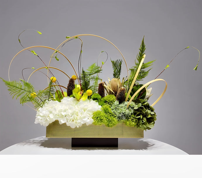 VICKY YAO -Handcrafted Designer Faux Floral Arrangement Custom Modern Greenery in Gold Vase Artistic Table Centerpiece for Home or Office