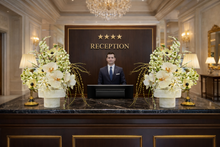 Load image into Gallery viewer, VICKY YAO Design Aesthetic-Luxury Artificial Orchid Arrangement in Marble Vase – French Elegance Floral Centerpiece L30xH50cm