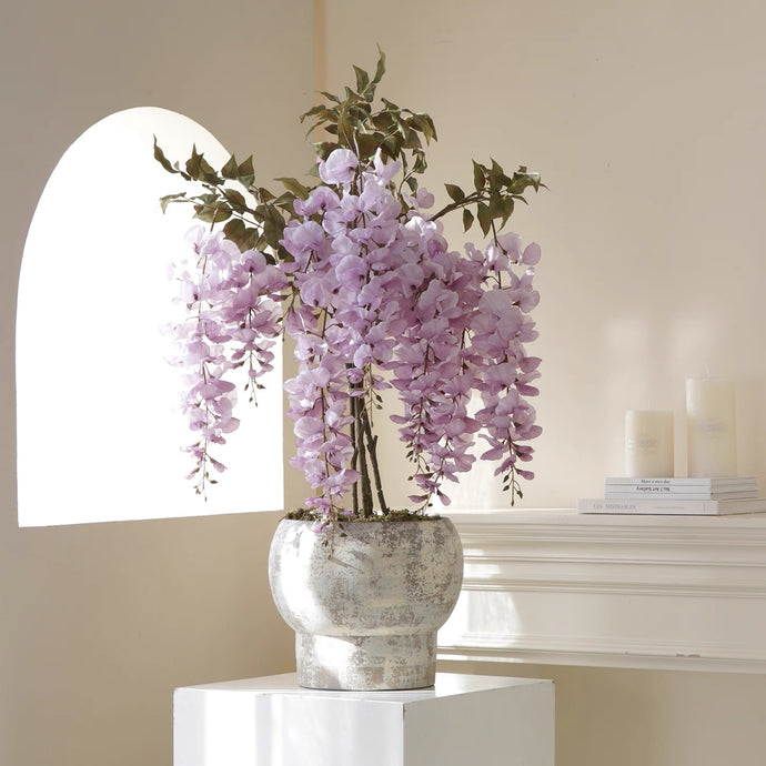 Japanese Wisteria Artificial Flower Arrangement | Handmade Realistic Bonsai Art in Ceramic Pot | VICKY YAO Fine Art Floral Decor
