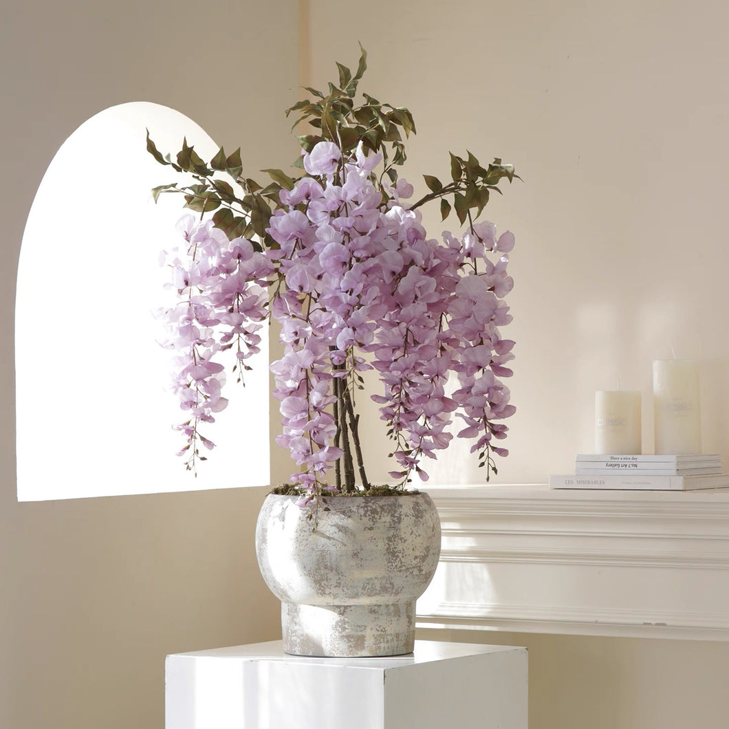 Japanese Wisteria Artificial Flower Arrangement | Handmade Realistic Bonsai Art in Ceramic Pot | VICKY YAO Fine Art Floral Decor