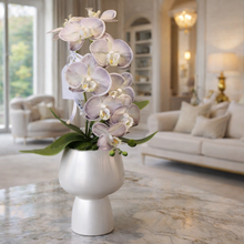 画像をギャラリービューアに読み込む, VICKY YAO- Elegant Purple Lilac Artificial Orchid in Modern White Vase Real Touch Faux Phalaenopsis Arrangement Home Decor Centerpiece