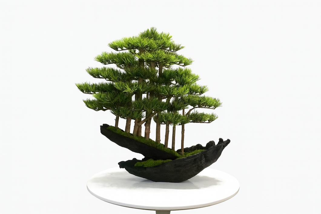 VICKY YAO Fine Bonsai - Handcrafted Bonsai Tree Sculpture Artificial Bonsai with Natural Wood Base Preserved Moss Zen Decor L65xW30xH66cm