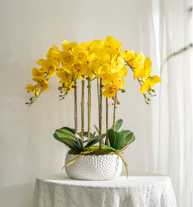 VICKY YAO Faux Floral - Exclusive Design Positive Yellow Artificial Natural Touch Orchid Arrangement in White Pot