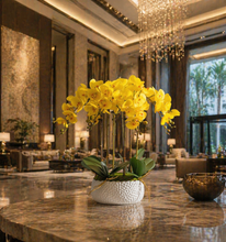 Laden Sie das Bild in den Galerie-Viewer, VICKY YAO Faux Floral - Exclusive Design Positive Yellow Artificial Natural Touch Orchid Arrangement in White Pot