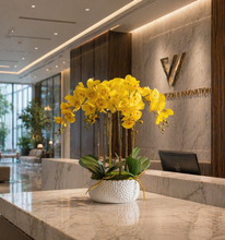 Laden Sie das Bild in den Galerie-Viewer, VICKY YAO Faux Floral - Exclusive Design Positive Yellow Artificial Natural Touch Orchid Arrangement in White Pot