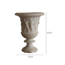 Load image into Gallery viewer, VICKY YAO - Vintage Roman Style Alabaster Look Vase 47cm Classical Stone Sculpture Planter | Antique Greek Relief Urn for Floral Arrangement