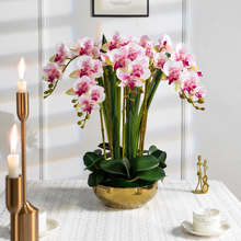 Laden Sie das Bild in den Galerie-Viewer, VICKY YAO - Luxury 8-Stem Real Touch Orchid Arrangement in a Gold Planter