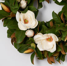 Load image into Gallery viewer, VICKY YAO -  30” Magnolia Wreath for Front Door Large Artificial Greenery Wreath with White Magnolia Flowers, Year Round Farmhouse Decor