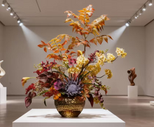 Load image into Gallery viewer, VICKY YAO Design - Luxury Autumn Floral Arrangement | Artificial Fall Flowers in Gold Vase | Warm Wabi-Sabi Aesthetic Home Decor