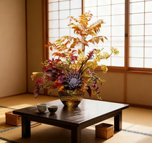 Load image into Gallery viewer, VICKY YAO Design - Luxury Autumn Floral Arrangement | Artificial Fall Flowers in Gold Vase | Warm Wabi-Sabi Aesthetic Home Decor