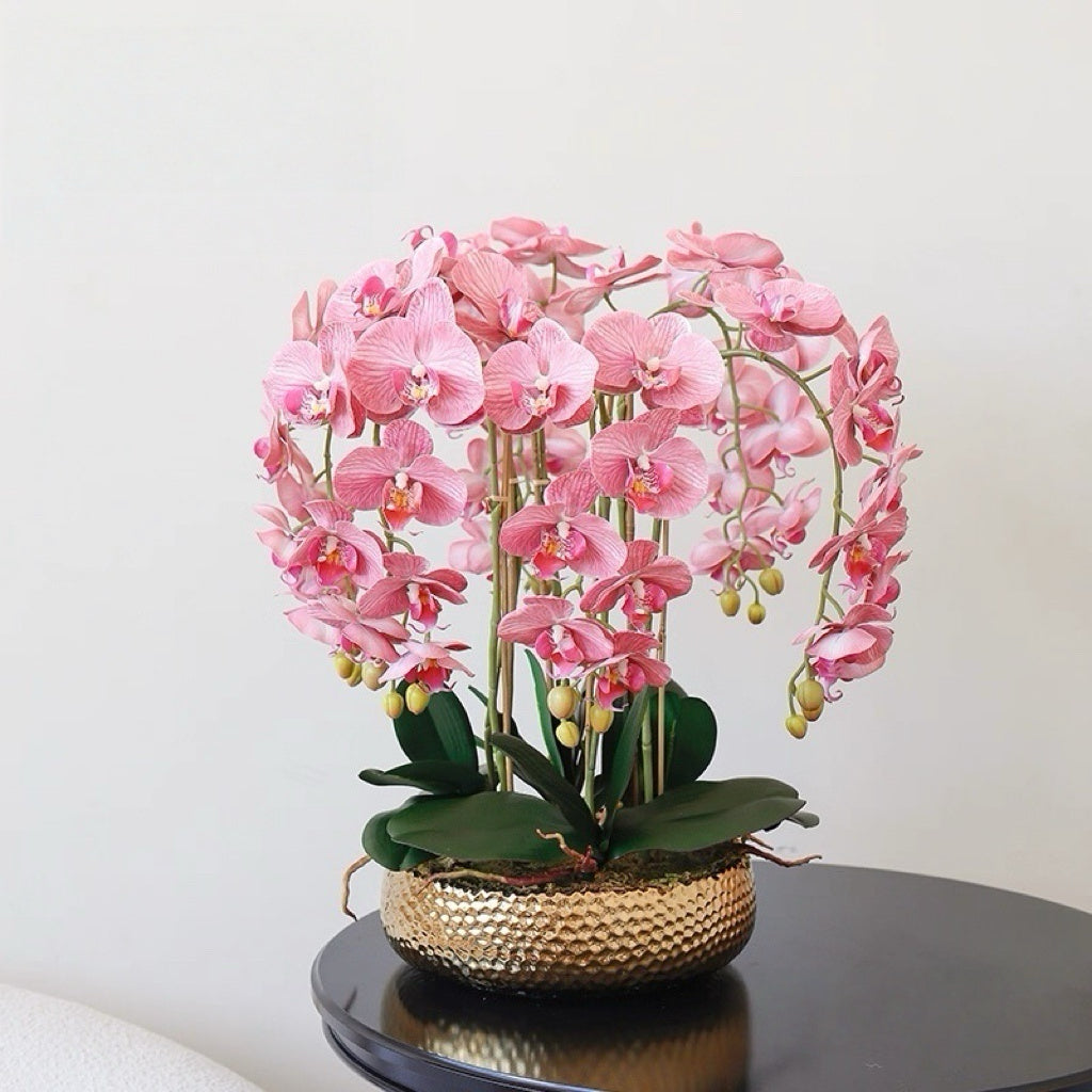 VICKY YAO - Lifelike Luxury Natural Touch Pink Phalaenopsis Orchid Arrangement with Preserved Moss for Home & Office Decor