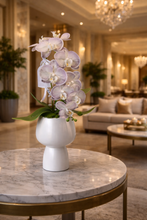 画像をギャラリービューアに読み込む, VICKY YAO- Elegant Purple Lilac Artificial Orchid in Modern White Vase Real Touch Faux Phalaenopsis Arrangement Home Decor Centerpiece
