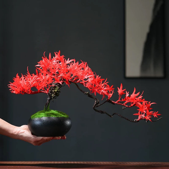 VICKY YAO Design Aesthetic - Handmade Red artificial maple leaf in Realistic Pot Bonsai Art 45 x 21 x 25cmH