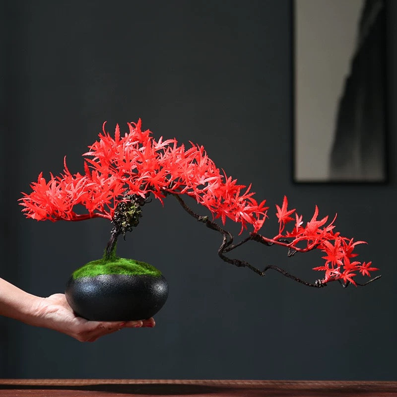 VICKY YAO Design Aesthetic - Handmade Red artificial maple leaf in Realistic Pot Bonsai Art 45 x 21 x 25cmH
