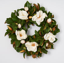 Load image into Gallery viewer, VICKY YAO -  30” Magnolia Wreath for Front Door Large Artificial Greenery Wreath with White Magnolia Flowers, Year Round Farmhouse Decor