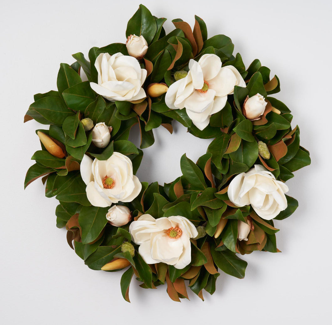 VICKY YAO -  30” Magnolia Wreath for Front Door Large Artificial Greenery Wreath with White Magnolia Flowers, Year Round Farmhouse Decor