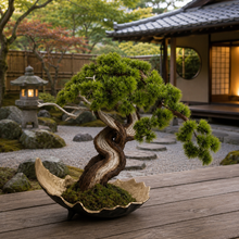 Laden Sie das Bild in den Galerie-Viewer, VICKY YAO-Artificial Bonsai Tree Handcrafted Realistic Bonsai Art with Genuine Tree Trunk, Preserved Moss &amp; Hand-Gilded Planter  L55xW25xH50
