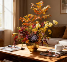 Load image into Gallery viewer, VICKY YAO Design - Luxury Autumn Floral Arrangement | Artificial Fall Flowers in Gold Vase | Warm Wabi-Sabi Aesthetic Home Decor
