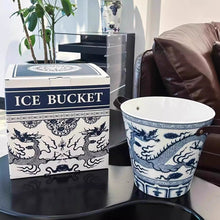 Load image into Gallery viewer, VICKY YAO Design Aesthetic - Oriental Dragon Porcelain Ice Bucket Blue and White Ceramic Cooler