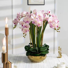 Laden Sie das Bild in den Galerie-Viewer, VICKY YAO - Luxury 8-Stem Real Touch Orchid Arrangement in a Gold Planter