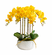 Load image into Gallery viewer, VICKY YAO Faux Floral - Exclusive Design Positive Yellow Artificial Natural Touch Orchid Arrangement in White Pot