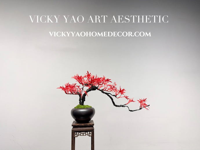 VICKY YAO Design Aesthetic - Handmade Red artificial maple leaf in Realistic Pot Bonsai Art L45xW20xH22cm