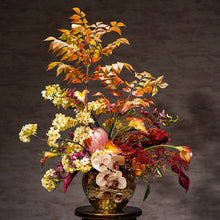 Load image into Gallery viewer, VICKY YAO Design - Luxury Autumn Floral Arrangement | Artificial Fall Flowers in Gold Vase | Warm Wabi-Sabi Aesthetic Home Decor