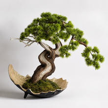 Laden Sie das Bild in den Galerie-Viewer, VICKY YAO-Artificial Bonsai Tree Handcrafted Realistic Bonsai Art with Genuine Tree Trunk, Preserved Moss &amp; Hand-Gilded Planter  L55xW25xH50