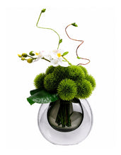 画像をギャラリービューアに読み込む, VICKY YAO Design Aesthetic - Artificial Green Moss Ball Floral Arrangement with Orchid, Modern Faux Flower Decor in Glass Vase L18 x H26cm