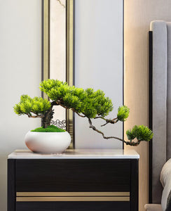 VICKY YAO Faux Bonsai - Natural Fresh Green Artificial Bonsai Art In White Pot & Luxury Bonsai Fragrance 50ml