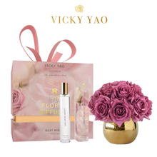 Load image into Gallery viewer, VICKY YAO FRAGRANCE - Natural Touch Purple Gray 12 Alice Roses Golden Ceramic Pot &amp; Luxury Fragrance 50ml