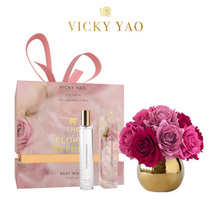 VICKY YAO FRAGRANCE - Natural Touch Mix 12 Alice Roses Golden Ceramic Pot & Luxury Fragrance 50ml